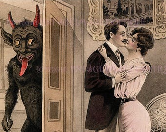 Antique Edwardian Illustration Krampus With A Kissing Couple Christmas Krampuskarten Pagan Winter Solstice Holiday 5x7 Greeting Card