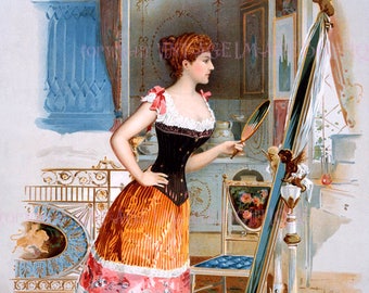 Antique Black /& White Illustration Of A Lady At Her Dressing Table In A Victorian Corset And Frock Coquette 5x7 Greeting Card