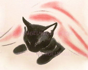 Vintage Water Colour Illustration Of A Black Cat Sleeping Under A Blanket 5x7 Greeting Card