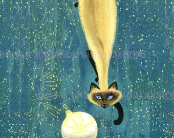 Fabulous 1950's Kitschy Illustration Of A Siamese Cat & A Tree Ornament Christmas Seasonal Winter Solstice Holiday 5x7 Greeting Card