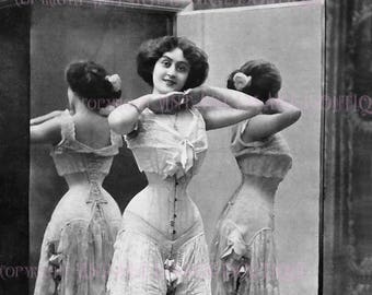 Antique Black /& White Illustration Of A Lady At Her Dressing Table In A Victorian Corset And Frock Coquette 5x7 Greeting Card