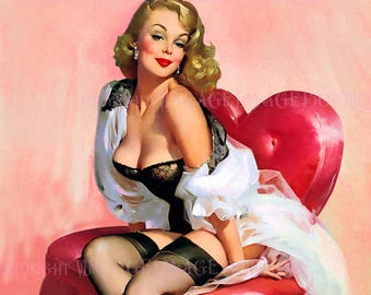 Lovely Romantic 1950's Cheesecake Pin Up Illustration Of A Woman Sitting On A Heart Shaped Chair Valentine's Day  5x7 Greeting Card