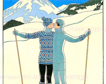 Antique 1920's Art Deco Couple On Skis Winter Scene Christmas Season Winter Solstice Holiday 5x7 Greeting Card