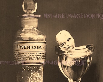 Antique Tin Type Still Life Of A Bottle Of Arsenic And A Doll's Head In An Eye Cup Phantasmagorical  5x7 Greeting Card