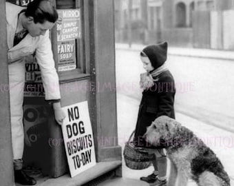 Vintage 1930&#39;s  Photograph Of An Adorable Little Girl & Her Airdale Terrier Dog Outside Of A Corner Shop 5x7 Greeting Card