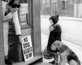 Vintage 1930's  Photograph Of An Adorable Little Girl & Her Airdale Terrier Dog Outside Of A Corner Shop 5x7 Greeting Card