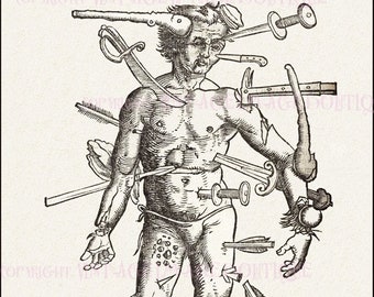 May include: A black and white woodcut illustration of a man with multiple weapons piercing his body. The man is standing with his legs apart and his arms outstretched. The weapons include swords, daggers, arrows, and a crossbow. The image is a depiction of the suffering of a martyr.