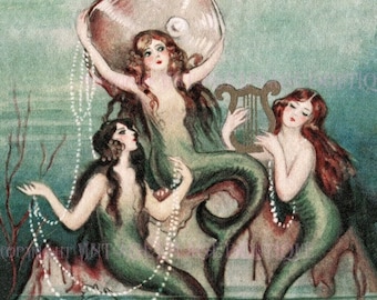 Antique 1920's Illustration Of Three Mermaids Amongst Pearls And Sea Creatures Under The Ocean 5x7 Greeting Card