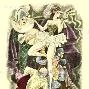 Meravigliosa illustrazione a colori degli anni '20 degli artisti civettuoli Pierrot e Pierrette, biglietto d'auguri della Commedia dell'Arte, 5x7