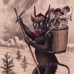 Ancienne illustration édouardienne Krampus ski avec panier de dames Noël Krampuskarten païen solstice d'hiver vacances 5 x 7 carte de voeux
