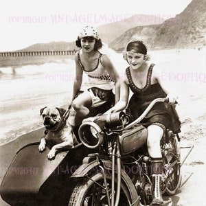 Um casal de lésbicas dos anos 1920 na praia em uma motocicleta com sidecar e seu cachorro, casamento em união estável, cartão comemorativo 5x7