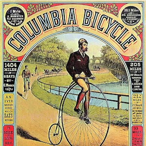 Beau divertissement victorien antique pour les vélos Columbia Penny Farthing/divertissement Music Hall 5 x 7 Carte de vœux