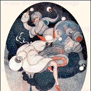 アンティーク 1920 年代 アールデコ 冬ファッション 雪の中で遊ぶ 3 人の女性のシーン クリスマス シーズン 冬至 ホリデー 5x7 グリーティング カード