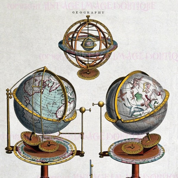 Antique Georgian Bookplate Illustration Of An Armillary Sphere, Terrestrial & Celestial Globes  Medical Scientific  5x7 Greeting Card