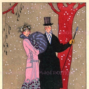 Antieke jaren 1920 chique stel winters tafereel kerstseizoen winterzonnewende vakantie 5 x 7 wenskaart