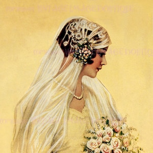 Magnifique illustration couleur des années 1920 d'une belle femme dans son ensemble de mariée Carte de voeux 5 x 7