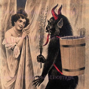 Antyczna ilustracja edwardiańska Krampus kusi damę Sezon świąteczny Krampuskarten Pagan Zimowe przesilenie Święto 5x7 Kartka okolicznościowa