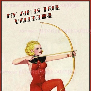 Preciosa ilustración Art Déco de los años 20 de una modelo rubia Pin Up como Cupido con su arco de tiro con arco Tarjeta de felicitación 5x7 del día de San Valentín