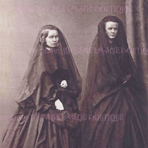 Joli portrait de deuil victorien antique de deux femmes en tenue de deuil et voiles 5x7 Carte de vœux