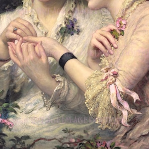Une peinture victorienne romantique détail d'un couple lesbien affectueux symboles de fleurs LGBTQ Saint-Valentin Partenariat civil 5 x 7 carte de vœux