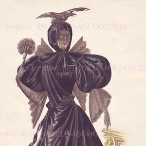 Mooie antieke Victoriaanse Franse mode-illustratie van een vrouw in uitgebreide rouwkleding 5 x 7 wenskaart