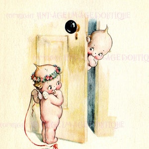 Adorabile illustrazione romantica vintage degli anni '20 di due bambole Kewpie cherubine degli anni '20, biglietto d'auguri per San Valentino 5x7