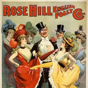 Belle antique victorienne d’amusement Rose Hill Burlesque English Folly Music Hall Entertainment 5x7 Carte de vœux
