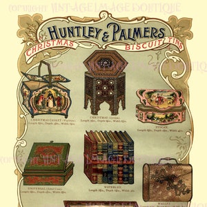Pubblicità edoardiana antica per le scatole di biscotti di Huntley & Palmers per il periodo natalizio e il solstizio d'inverno, biglietto d'auguri 5x7