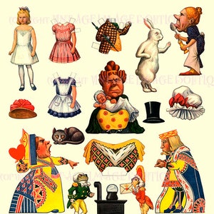 Deliziosa illustrazione vintage degli anni '30 di Alice nel paese delle meraviglie, bambole di carta ritagliate, biglietto d'auguri 5x7