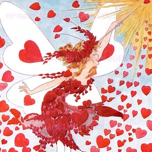 Preciosa ilustración vintage de los años 30 de un hada mágica de San Valentín Tarjeta de felicitación del día de San Valentín 5x7