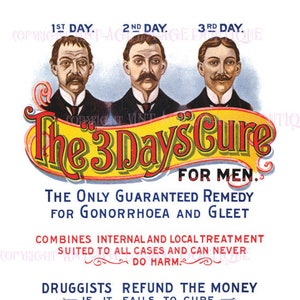 Antieke Victoriaanse kwakzalver geneeskunde-advertentie voor "The 3 Days Cure" voor mannen beterschap medisch-wetenschappelijk 5 x 7 wenskaart