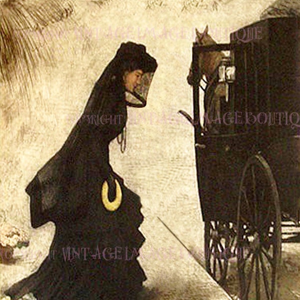 Lovely Antique Victorian French Touching Illustration Of A Woman In Elaborate Mourning Attire 5x7 Greeting Card
