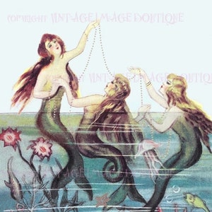 Antique 1920's Illustration Of Three Mermaids Admiring A Long Strand Of Pearls Amidst Underwater Creatures Under The Sea 5x7 Greeting Card