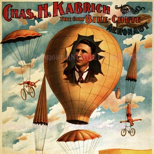Preciosa diversión victoriana antigua para un globo aerostático paracaidismo ciclista revisión ley / Music Hall Entertainment 5x7 tarjeta de felicitación
