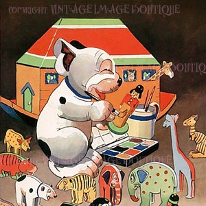 Ilustração vintage da década de 1920 do cachorro Bonzo brincando com um conjunto de tintas e brinquedos da Arca de Noé, cartão comemorativo 5x7