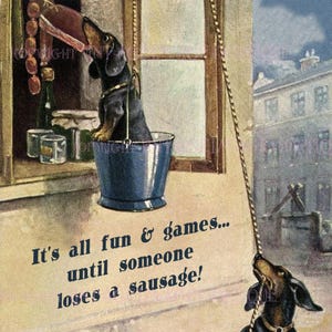 Adorável ilustração antiga da década de 1920 de três dachshunds atrevidos invadindo um açougue, cartão comemorativo para cães 5x7