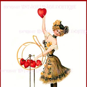 Schöne romantische viktorianische Illustration einer Frau, die Herzen aus einer Tombola Valentinstag 5x7 Grußkarte wählt