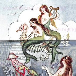 Illustration antique des années 1920 de trois sirènes parmi les créatures marines jouant dans les vagues de l’océan 5x7 Carte de vœux