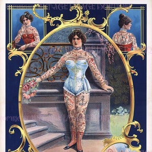 Lindo cartão de felicitações vitoriano antigo, La Bella Angora, The Tattooed Lady Side Show Circus Music Hall Entertainment 5x7