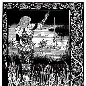 Laat-victoriaanse Aubrey Beardsley pen- en inktillustratie van Le Morte d'Arthur 5 x 7 wenskaart