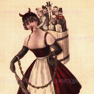 Antyczna ilustracja edwardiańska przedstawiająca Lady Krampus Okres Bożego Narodzenia Krampuskarten Pagan Zimowe Przesilenie Święto 5x7 Kartka z życzeniami