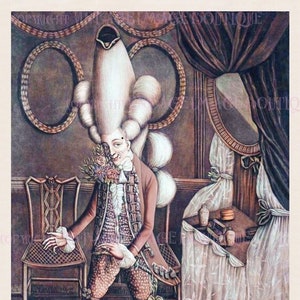 Carte de voeux antique illustration satirique géorgienne d'un dandy messieurs qui est un macaroni dans une perruque poudrée médicale scientifique 5 x 7