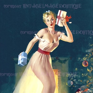 Fantastyczna 1950-letnia Yuletide Pin Up Model Sezon Bożego Narodzenia Zimowe przesilenie Święta 5x7 Kartka z życzeniami