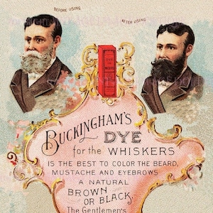 Viktorianische Werbung für Gentlemen's Whisker Dye für Haare, Bärte und Schnurrbärte männliche Pflege Barbers Interesse 5x7 Grußkarte