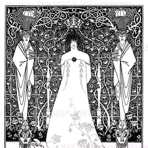 Ilustração a caneta e tinta de Vênus entre deuses terminais, estilo vitoriano tardio, Aubrey Beardsley, cartão comemorativo 5x7