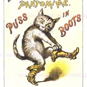 Mooie antieke Victoriaanse amusementsadvertentie voor een 5 x 7-wenskaart voor een pantomimevoorstelling van de gelaarsde kat uit 1887