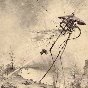 Ancienne illustration d'ex-libris victorien de la guerre des mondes invasion martienne steampunk fantasmagorique 5 x 7 carte de voeux