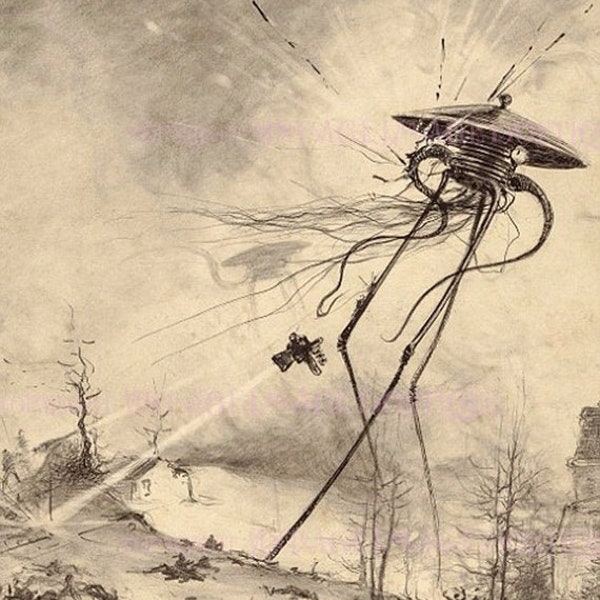 Antique Victorian Bookplate Illustration From The War Of The Worlds Martian Invasion Steampunk  Phantasmagorical  5x7 Greeting Card