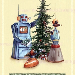 Illustratie van een robotfamilie uit de jaren 1950 die hun boom verfraait met vrolijk kerstfeest in binair bijschrift seizoensgebonden winterzonnewende 5 x 7 wenskaart
