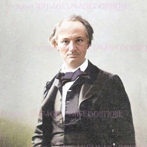 Carte de voeux ancienne du XIXe siècle avec photo colorisée du génie littéraire et du poète Charles Baudelaire vers 1855, 5 x 7